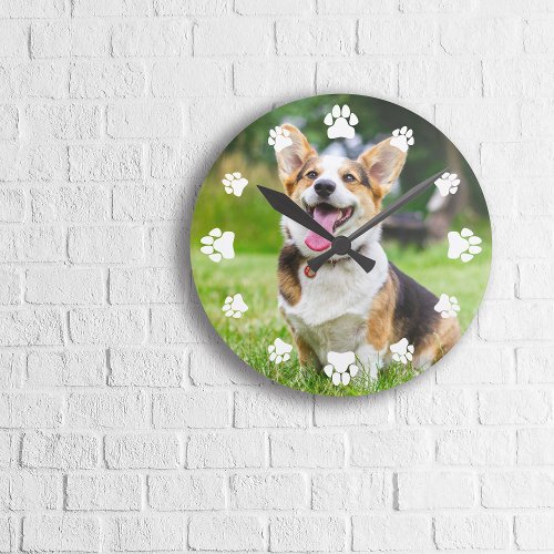 White Paw Prints Add Your Pet Photo Round Clock