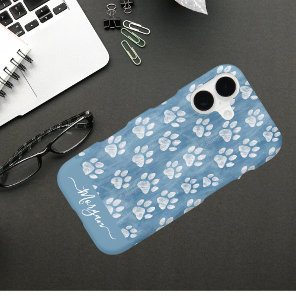 White Paw Prints on Blue Name – Rustic Pet Lover  iPhone 17 Case