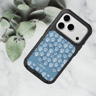 White Paw Prints on Blue Name – Rustic Pet Lover  iPhone 17 Pro Case