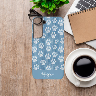 White Paw Prints on Blue Name – Rustic Pet Lover Samsung Galaxy S22+ Case