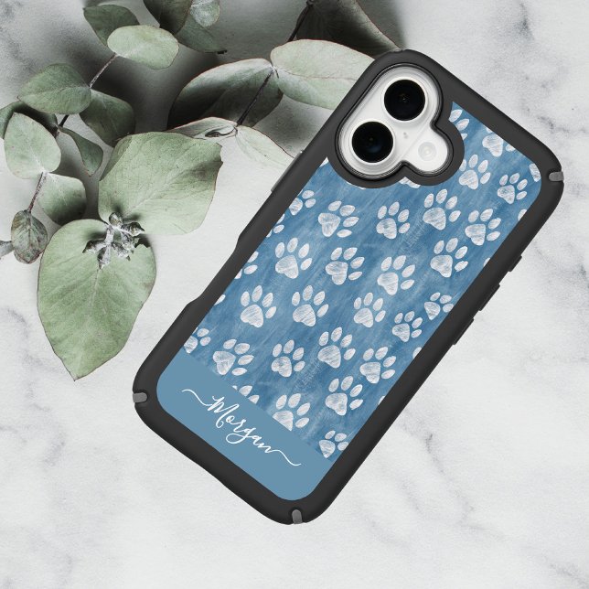 White Paw Prints on Blue Name – Rustic Pet Lover  Speck iPhone Case (Creator Uploaded)