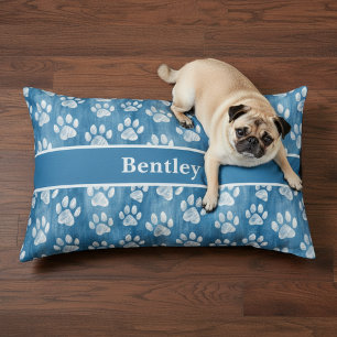 White Paw Prints on Blue – Pet Lover Name Bed