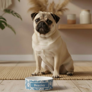 White Paw Prints on Blue – Pet Lover Name Bowl