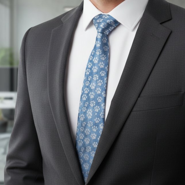 White Paw Prints on Blue – Rustic Pet Lover  Neck Tie (Creator Uploaded)