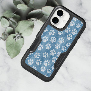 White Paw Prints on Blue – Rustic Pet Lover  iPhone 16 Case