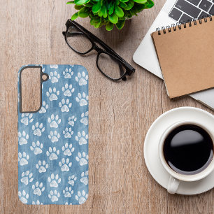White Paw Prints on Blue – Rustic Pet Lover Samsung Galaxy S22+ Case