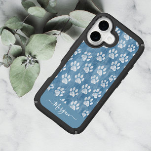 White Paw Prints on Blue – Rustic Pet Lover iPhone 16 Case