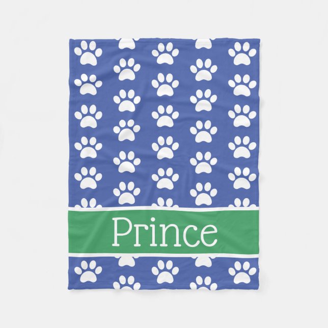 White Paw Prints on Blue With Green Personalized Fleece Blanket (Front)