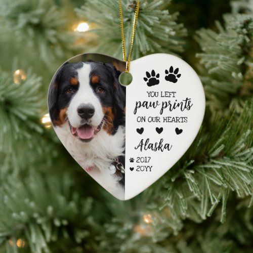White Paw Prints On Our Hearts Pet Photo Ceramic Ornament