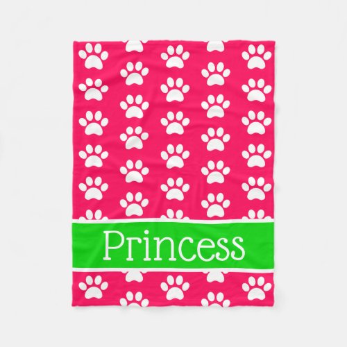 White Paw Prints on Pink With Green Personalized Fleece Blanket