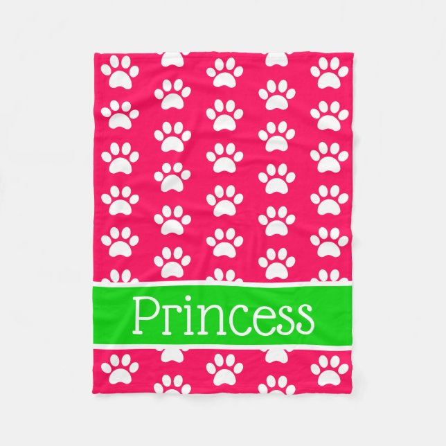 White Paw Prints on Pink With Green Personalized Fleece Blanket (Front)