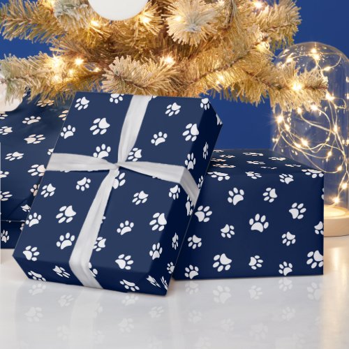 White Paw Prints Pattern on Blue Wrapping Paper