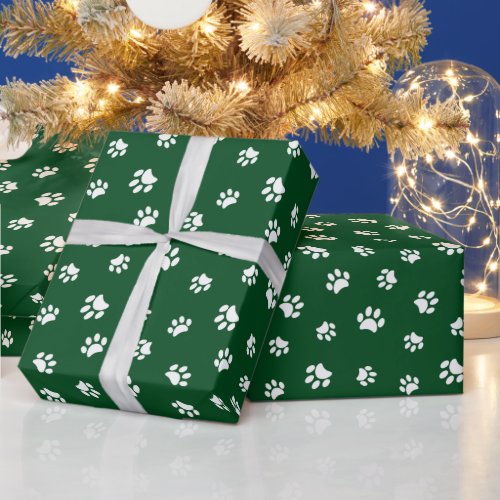 White Paw Prints Pattern on Green Wrapping Paper