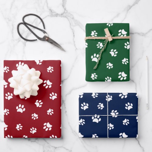 White Paw Prints Pattern on Red Green Blue Wrapping Paper Sheets