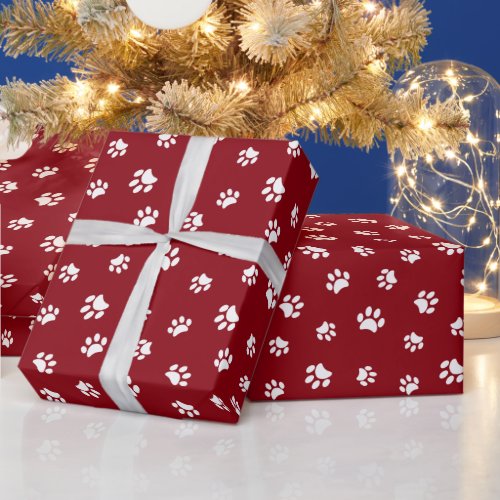 White Paw Prints Pattern on Red Wrapping Paper