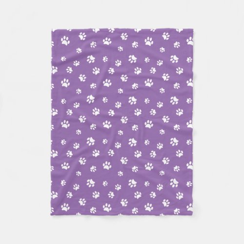 White Paw Prints Pattern with Purple Background Fleece Blanket