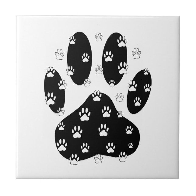 White Paws On Black Paw Print Ceramic Tile (Front)