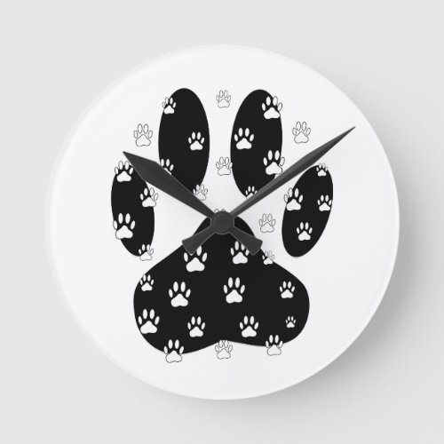 White Paws On Black Paw Print Round Clock