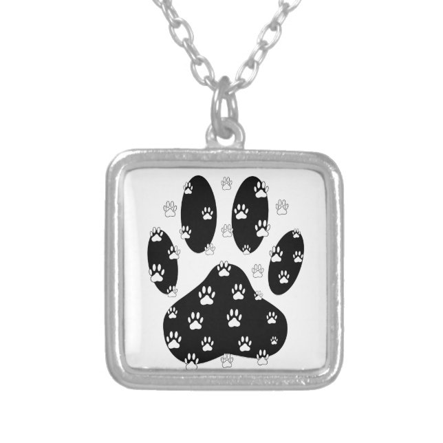 White Paws On Black Paw Print Silver Plated Necklace (Front)