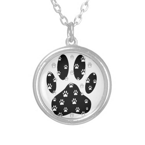 White Paws On Black Paw Print Silver Plated Necklace