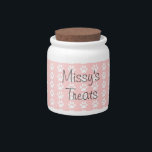 White Paws on Pink Candy Jar<br><div class="desc">This cute pet treat jar is perfect for your female pet! The fun treat jar features white paw prints on a pink background. Simply type in your pet's name to create a customized treat jar for your furry family member!</div>
