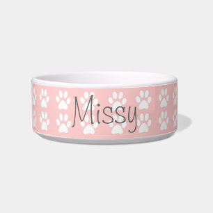 White Paws on Pink Custom Name Pet Bowl