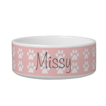White Paws On Pink Custom Name Pet Bowl by PawsitiveDesigns at Zazzle