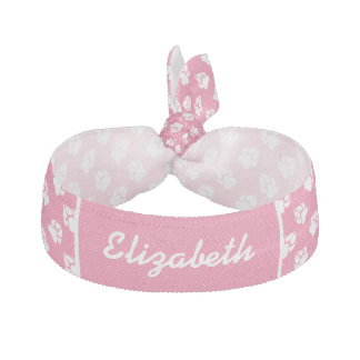 White Paws On Pink With Personalized Name Elastic Hair Tie