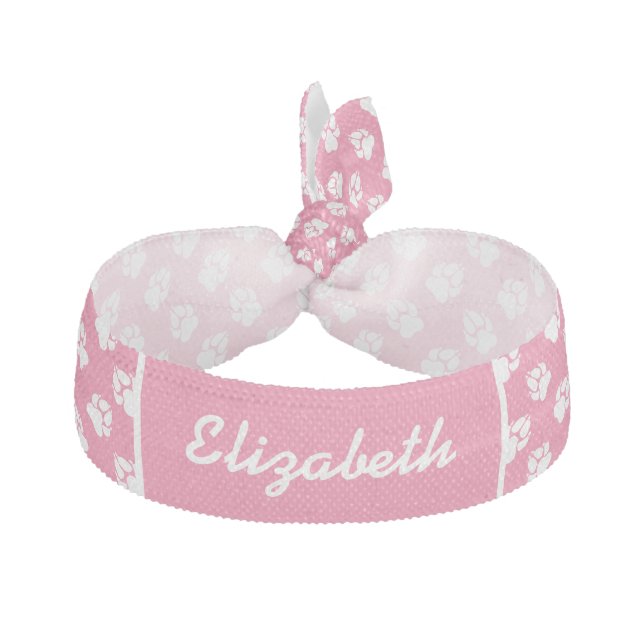White Paws On Pink With Personalized Name Elastic Hair Tie (Front)
