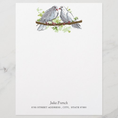 White Peace Dove Birds on Branch Letterhead