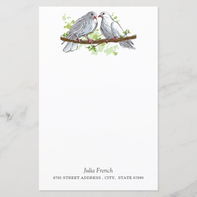White Peace Dove Birds on Branch Stationery Paper (Front)