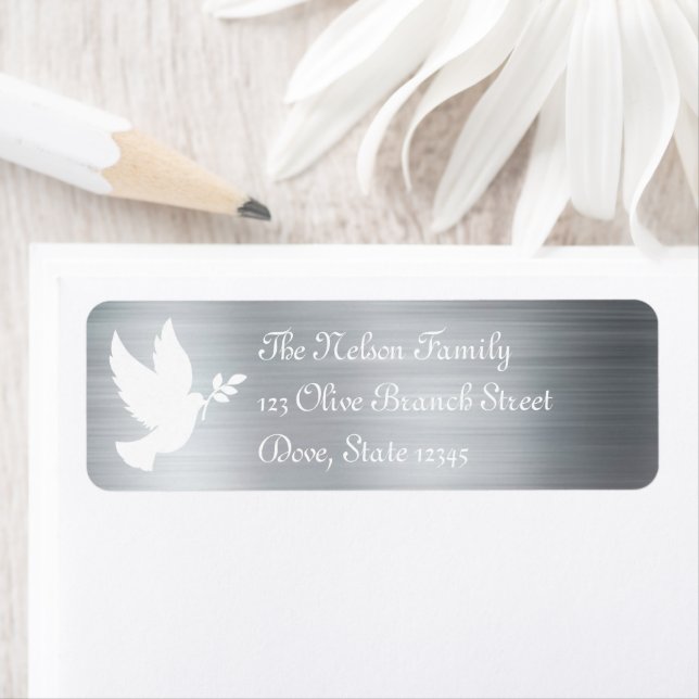 White Peace Dove Silhouette Faux Silver Foil Label (Insitu)