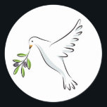 White peace dove with olive branch classic round sticker<br><div class="desc">A beautiful white dove carrying an olive branch. A classic symbol of peace.</div>