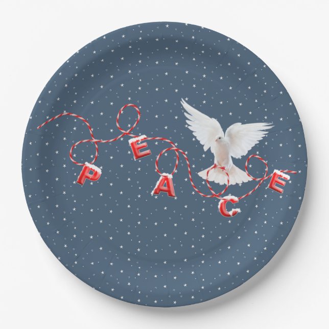 White Peace Dove With Peace Text Paper Plates (Front)