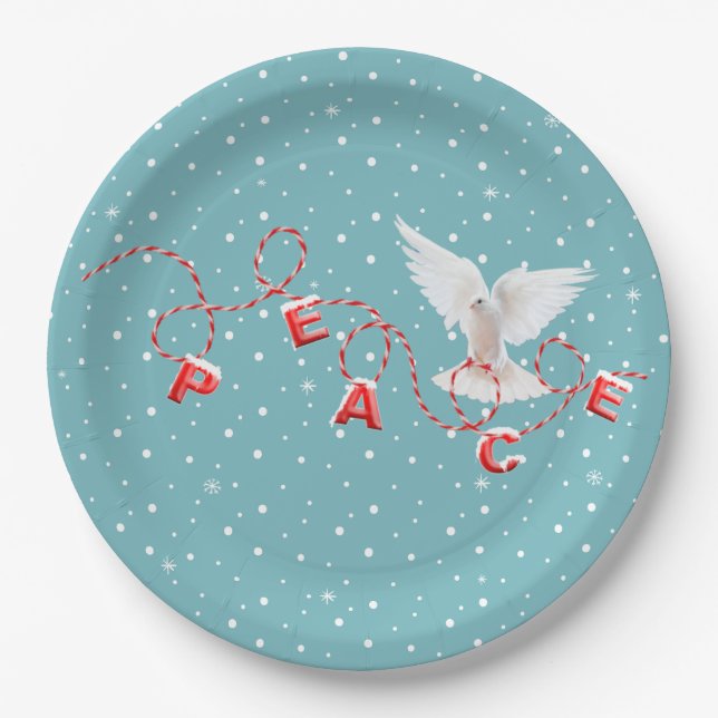 White Peace Dove With Peace Text Paper Plates (Front)
