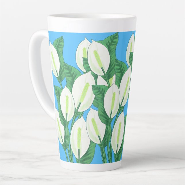 White peace lilies on pale blue background  latte mug (Left Angle)