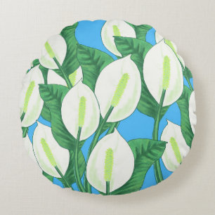 White peace lilies on pale blue background  round pillow