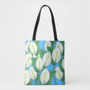 White peace lilies on pale blue background  tote bag