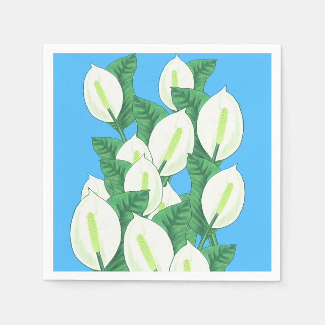 White Peace Lily Illustration Pale Blue Napkins (Front)