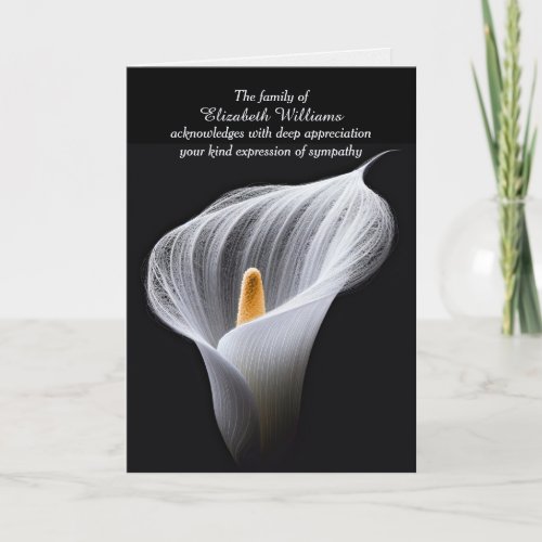 White Peace Lily On Black Sympathy Thank You Card