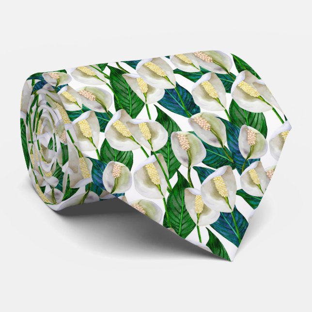 White Peace Lily Pattern Neck Tie (Rolled)