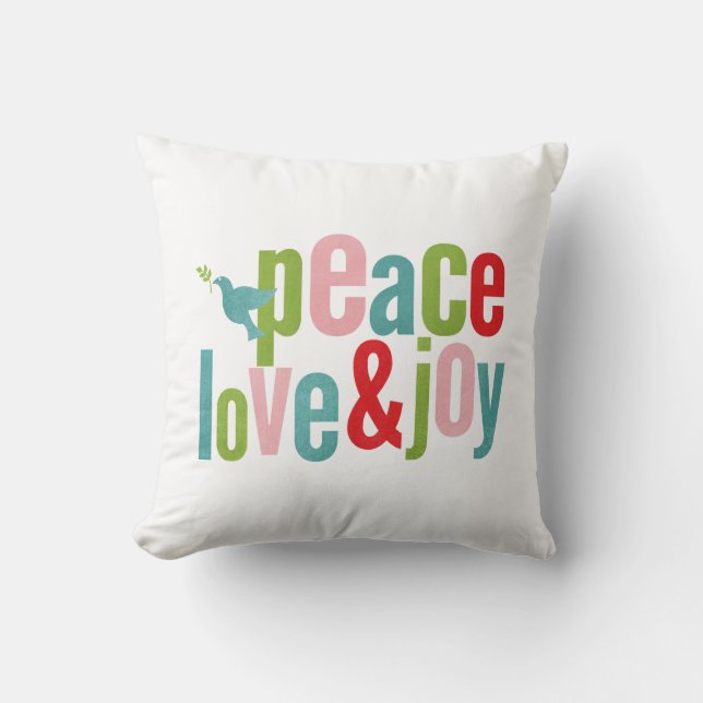 White Peace Love and Joy Color Christmas Throw Pillow (Front)
