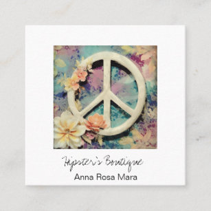 *~* White Peace Sign Flowers Grunge Boho AP57 QR Square Business Card