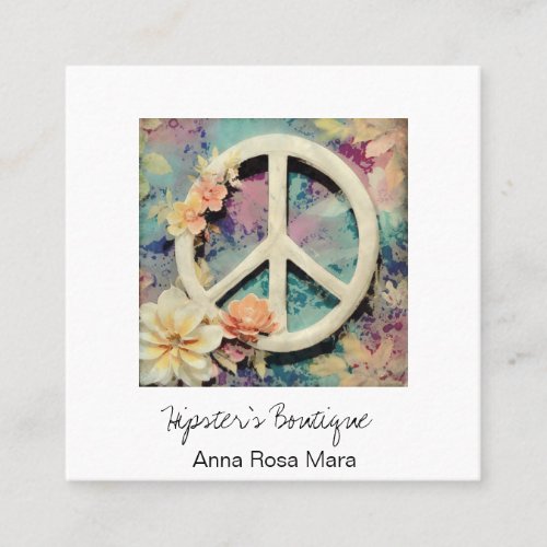  White Peace Sign Flowers Grunge Boho AP57 QR Square Business Card