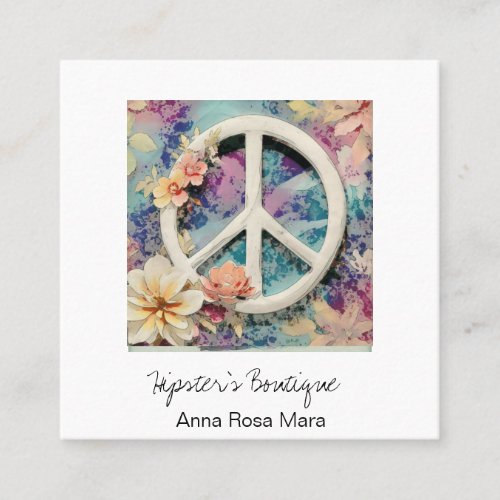  White Peace Sign Flowers Grunge Boho AP57 QR Square Business Card