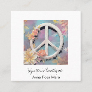 *~* White Peace Sign Flowers Grunge Boho QR AP57 Square Business Card