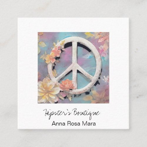  White Peace Sign Flowers Grunge Boho QR AP57 Square Business Card