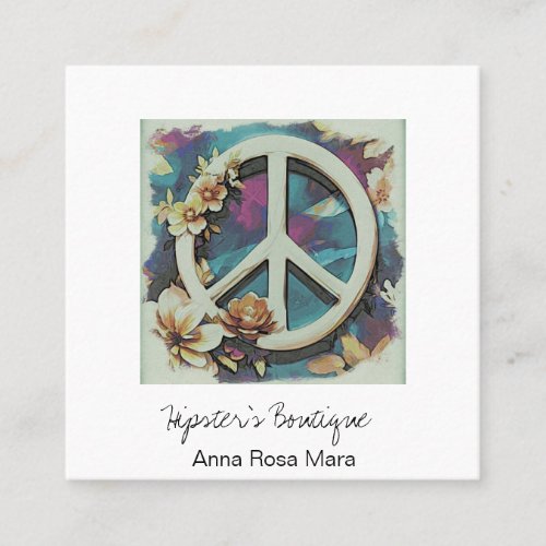  White Peace Sign Flowers Grunge QR Boho AP57 Square Business Card