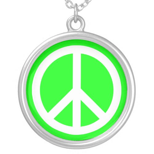 White Peace Sign on Lime Silver Plated Necklace