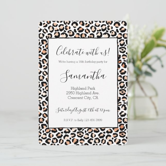 White Peach Black Leopard Print Invitation (Standing Front)